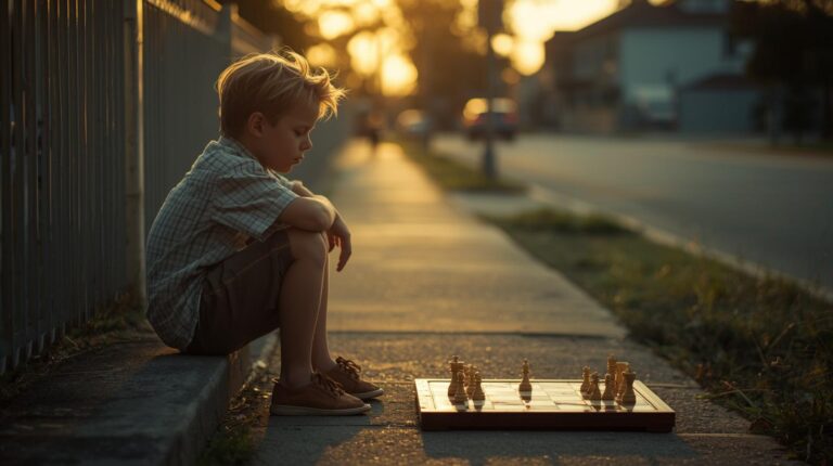 un-jeune-garcon-vetu-de-culottes-courtes-et-dune-chemise-a-manche-courte-est-assis-sur-le-trottoir-et-regarde-pensivement-un-jeu-de-dames-en-fin-dapres-midi